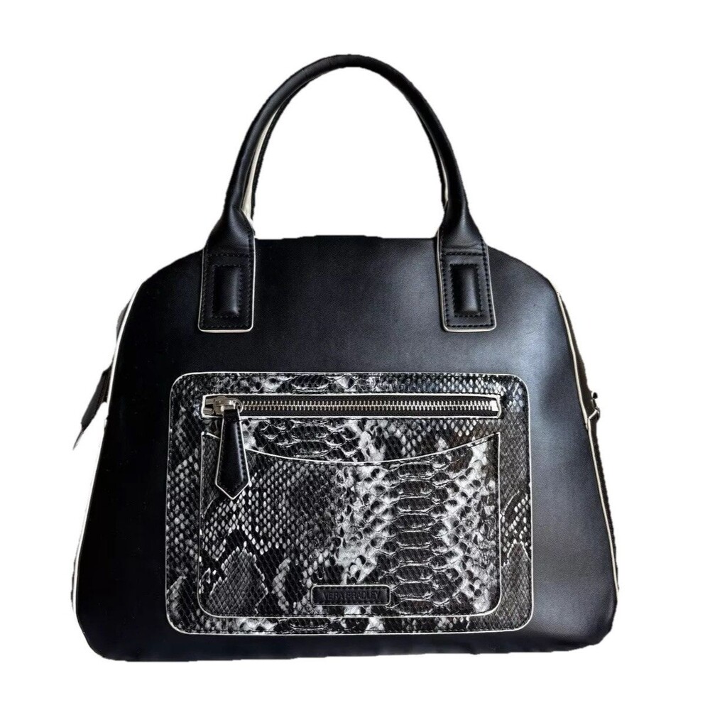 Vera Bradley Black Bowler Purse Handbag Vegan Leather w/white Python pocket $148